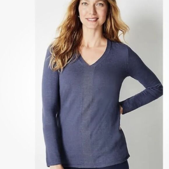 J. Jill Linen Blend Eclipse Blue Arbor V-Neck Pullover Knit Top Size XL petite! - Picture 1 of 8
